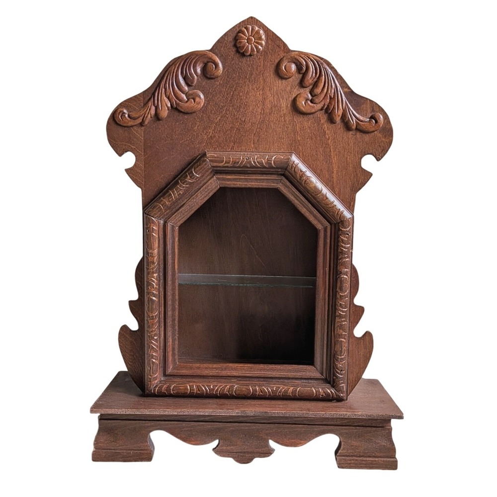 Handmade Vintage Wooden Curio Cabinet Carved Wall Hanging Display Case Brown